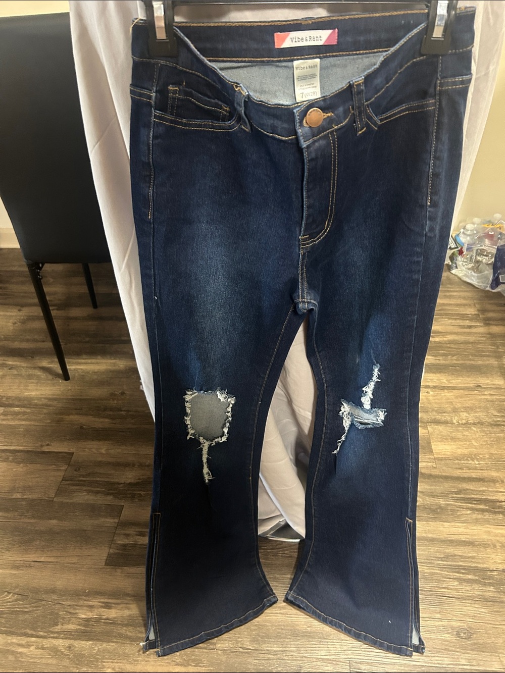 Women's Dark Blue Distressed Flare Jeans